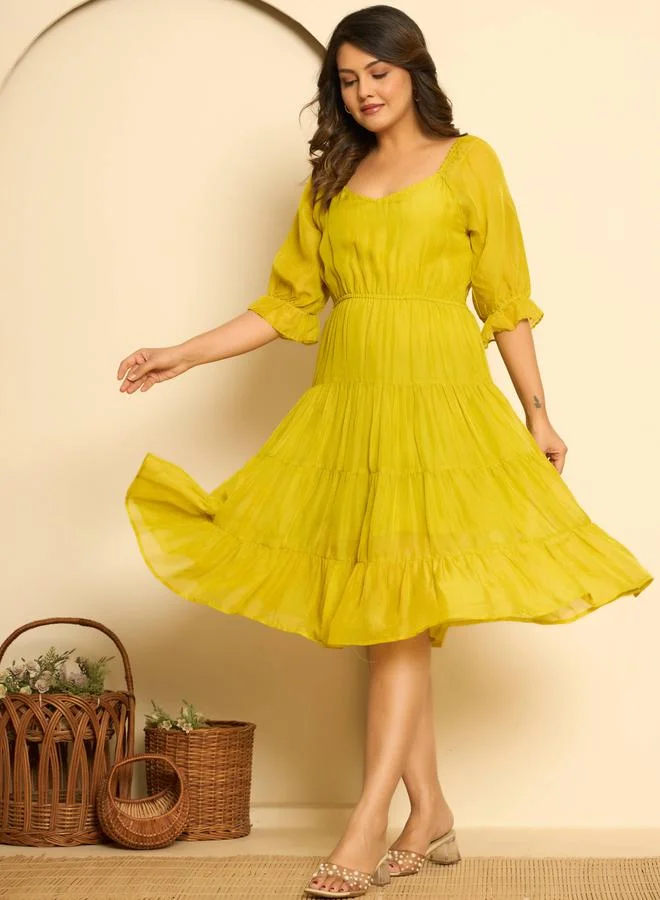 KASYA Women Mustard Yellow Tiered Knee-Length Dress